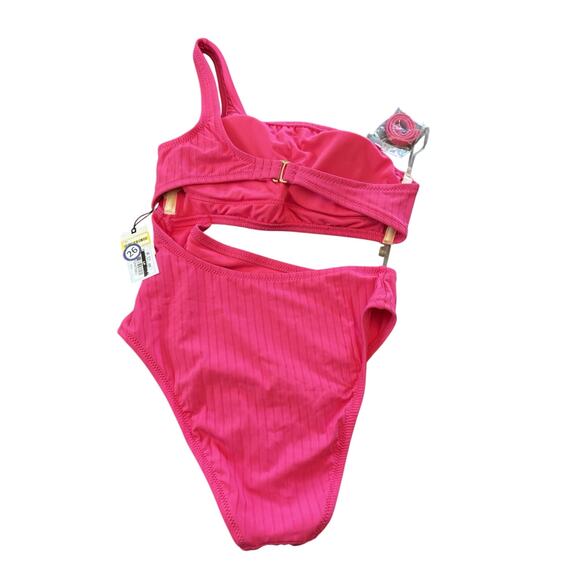 Shade & Shore Women's Medium Pink One Shoulder Open Side Ribbed Piece Swimsuit - Picture 2 of 3